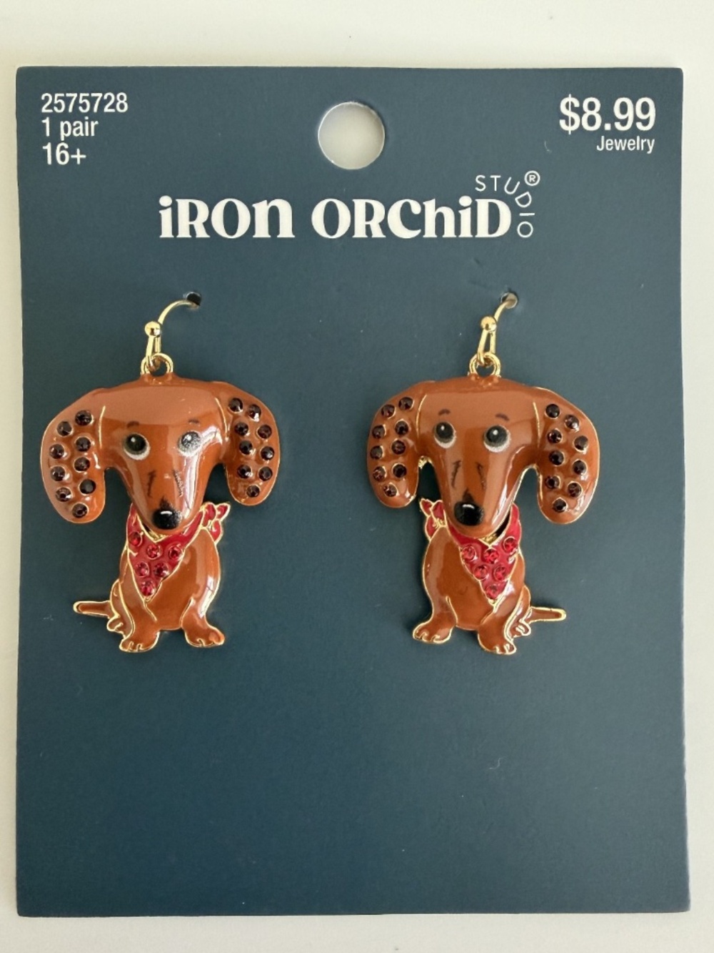 NEW Cute Brown Dachshund Pierced Earrings Glossy Enamel w/Red Sparkle Bandanas